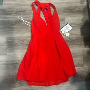 Red Backless Tie Front Halter Dress